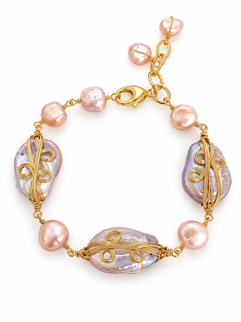 Handmade Pink Freshwater Pearl Gold Wire-Wrapped Bracelet